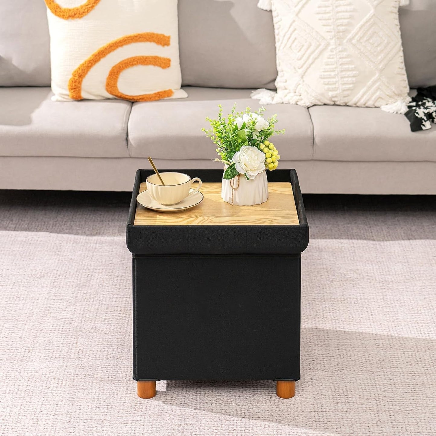 NEW Black Linen Premium Storage Cube Ottoman Tray 15Inch