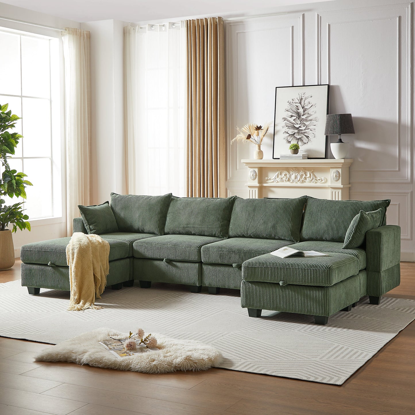 NEW 113.5'' Modular Sectional Corduroy U Shaped Sofa Couch with Storage Ottoman 6 Seat Convertible Sections and Chaise