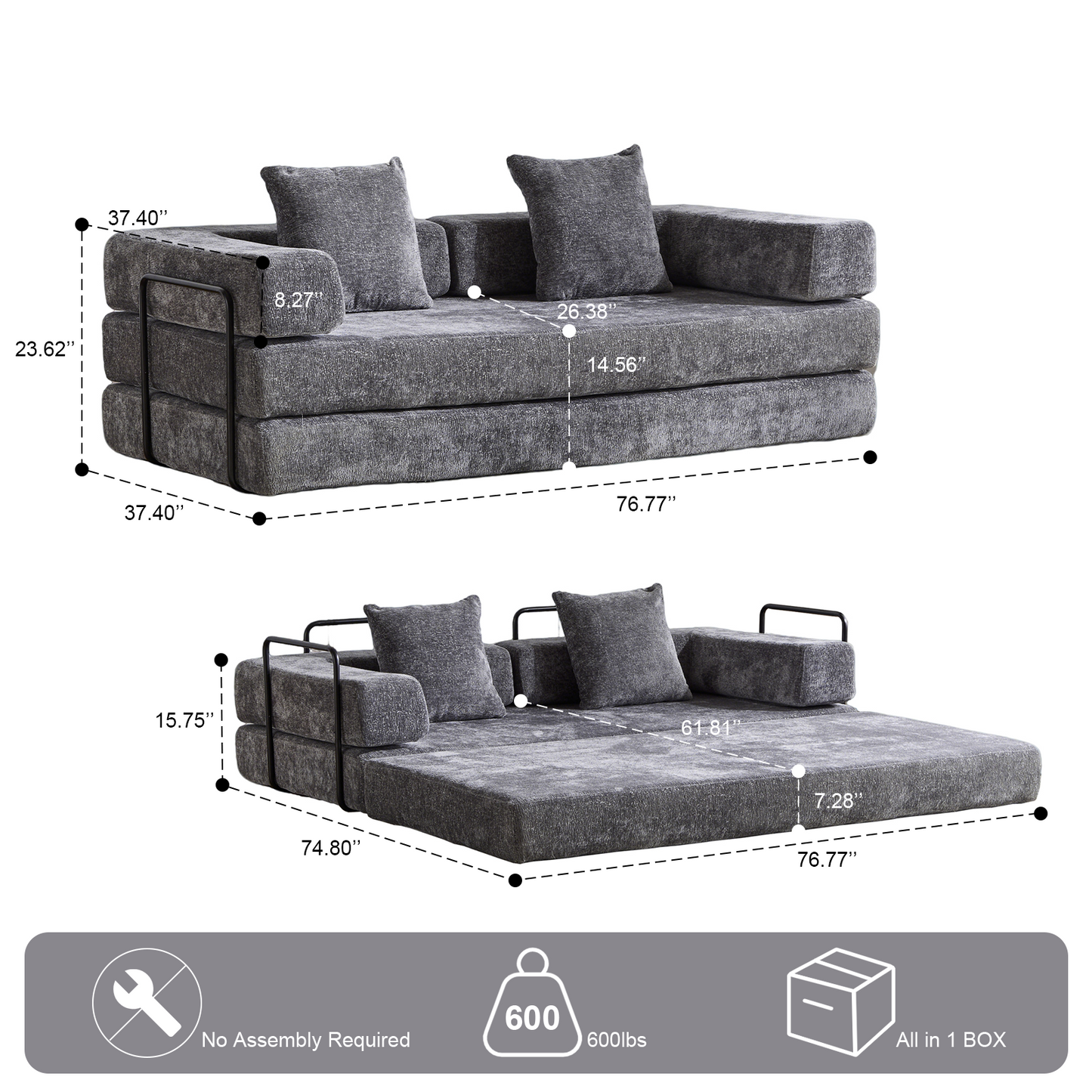NEW Floor Couch,Compression Sofa,Convertible Floor Sofa Bed-with Pillow Back Support Armrest,Comfy Futon Couch Lounge Sleeper Bed,Chenile fabric,for Living Room Bedroom (DARK-GREY)