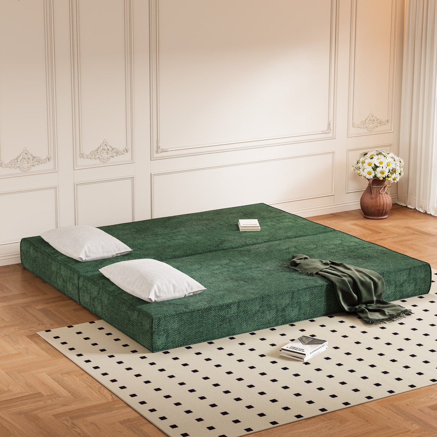 NEW 80 ' Convertible Couch Bed with 2 Pillows, 3-Seat Folding Floor Couch & King Size Bed Mattress, DIY Combination, Chenille, GREEN