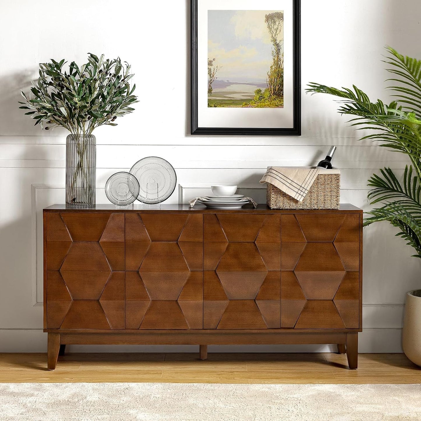 NEW Walnut Mid Century Sideboard Buffet With Solid Wood Legs