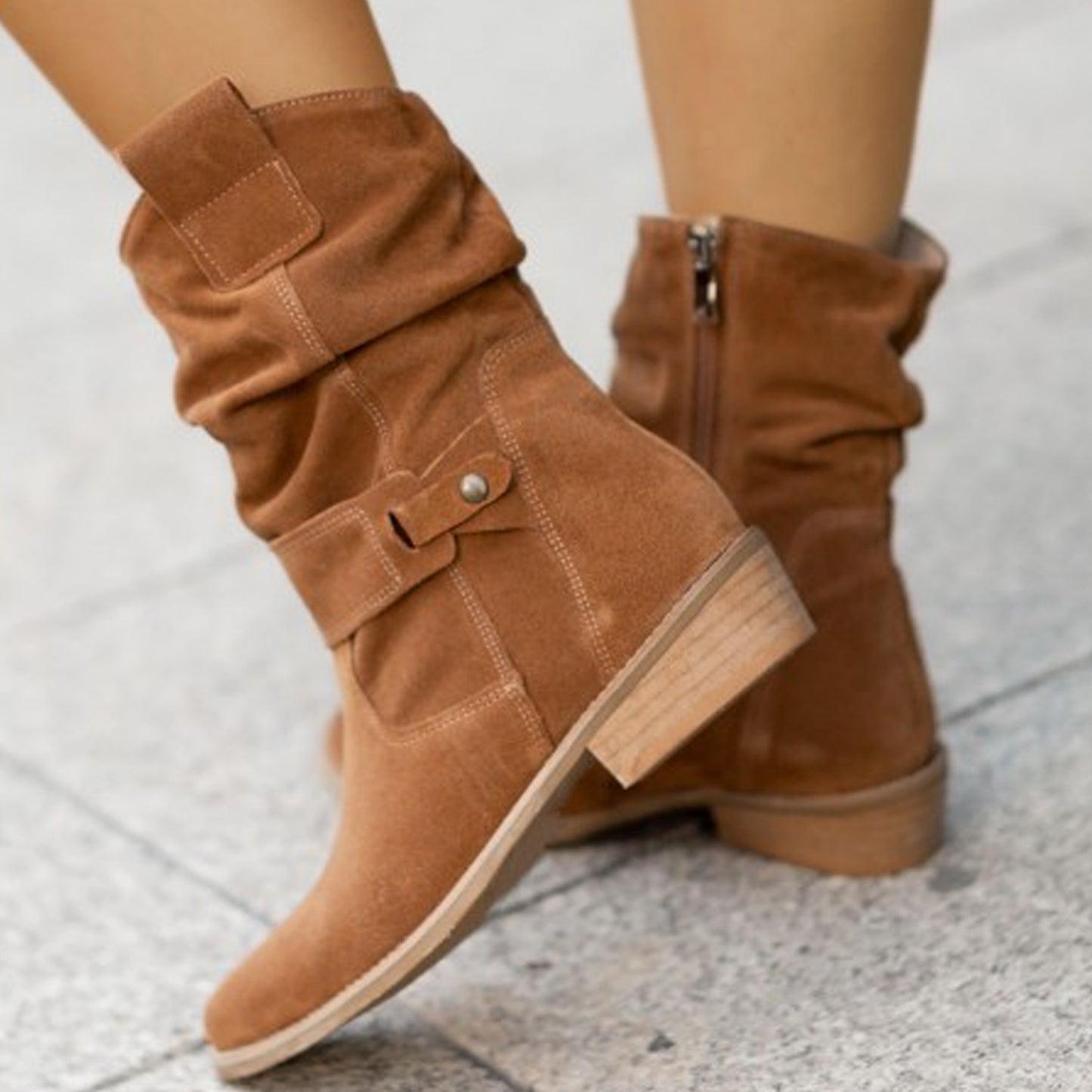 New Ins Pointed Toe Mid-calf Boots Fashion Suede Zipper Western Boot Winter Shoes For Women