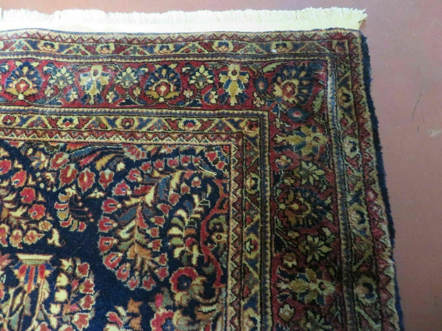 USED Antique Persian Sarouk Rug 4x6, Hand Knotted 1920s Oriental Carpet 4 x 6 ft, Navy Blue and Red Wool Rug, Handmade Floral Allover Persian Area Rug