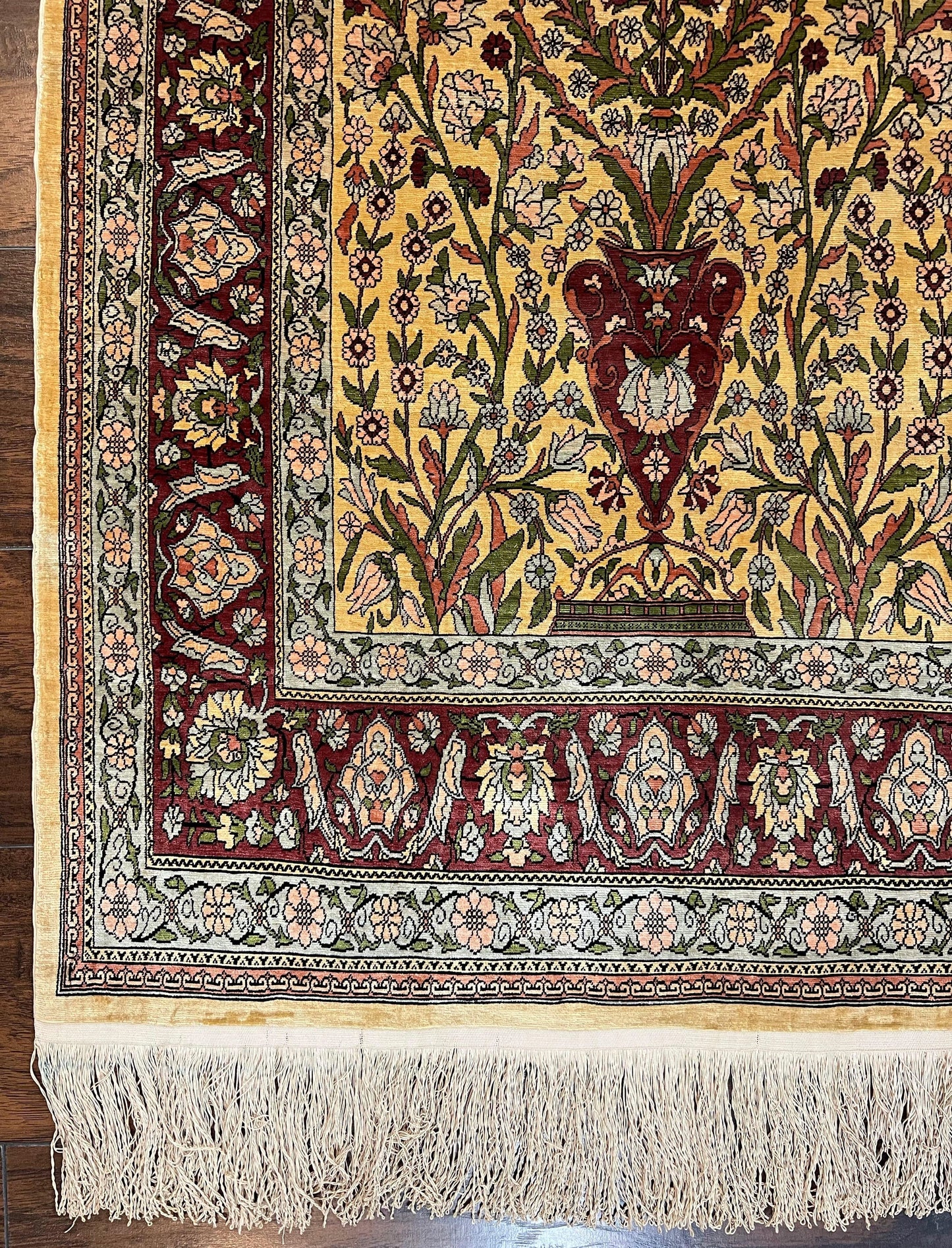 USED Wonderful Silk Turkish Hereke Prayer Rug 2.8 x 4.5, Tree of Life Design, Signature from Master Weaver, Gold and Burgundy, Handmade, 625 KPSI