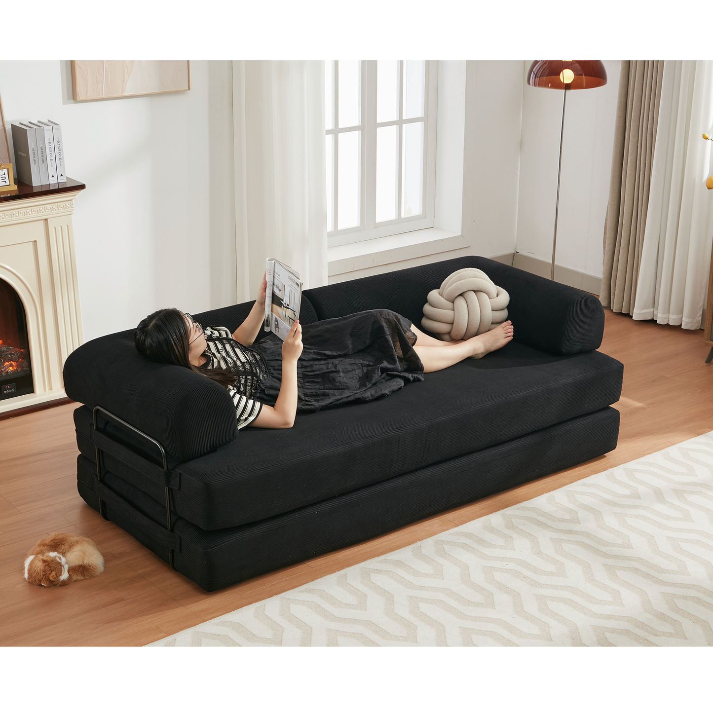 NEW  78.5' Folding Convertible Out Sleeper Sofa Bed,4-in-1 DIY Combination Convertible Sofa,3 seat, Folding  Sofa, King Size , Bedroom,Apartment,Corduroy,Black