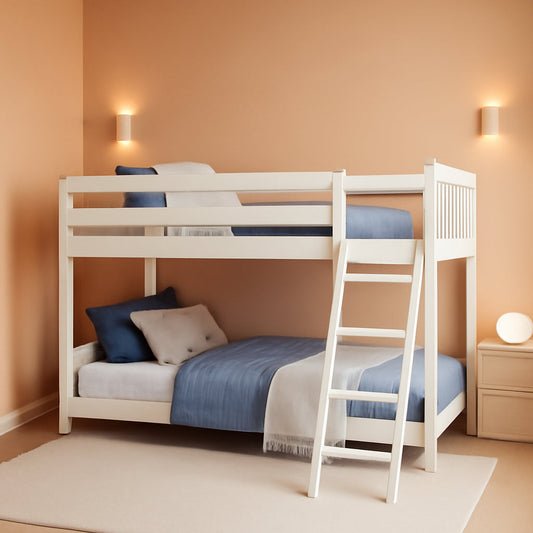 NEW White Twin Low Bunk Bed Solid Wood Frame For Kids Safe