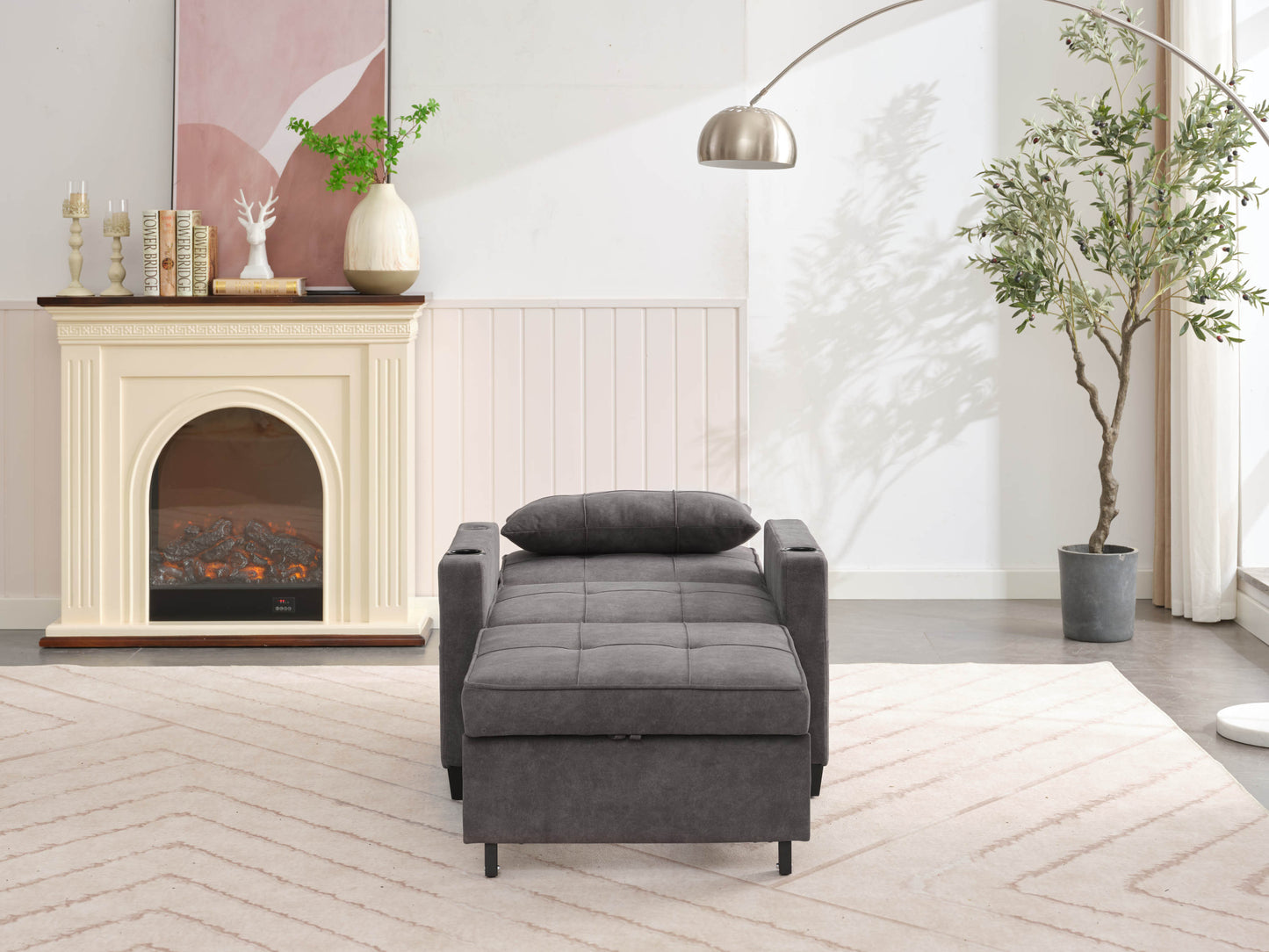 NEW Dark Grey Futon Bed Convertible Chair 3-in-1 Pull Out Sleeper Sofa with USB Ports