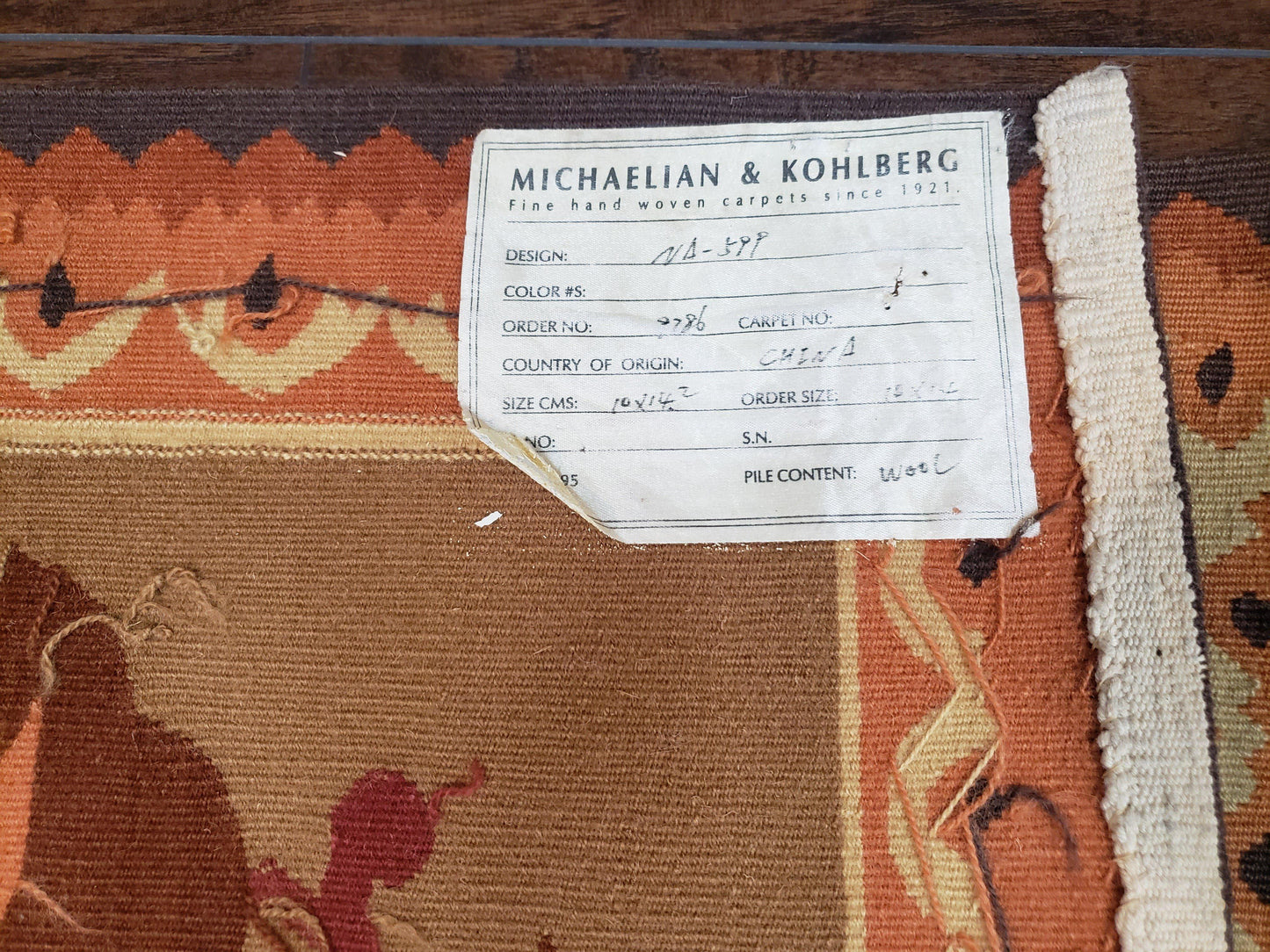 USED Vintage Chinese Aubusson Savonnerie Flat Pile Rug 9.9 x 14.5 Wool Handwoven Red & Khaki Large Flowers Rug 9x14 - 10x15 Michaelian Kolhberg