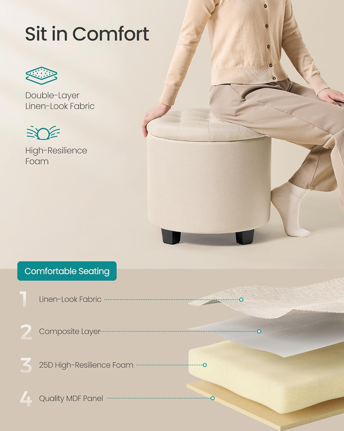 NEW Round Ottoman With Durable Storage Linen-Look Beige