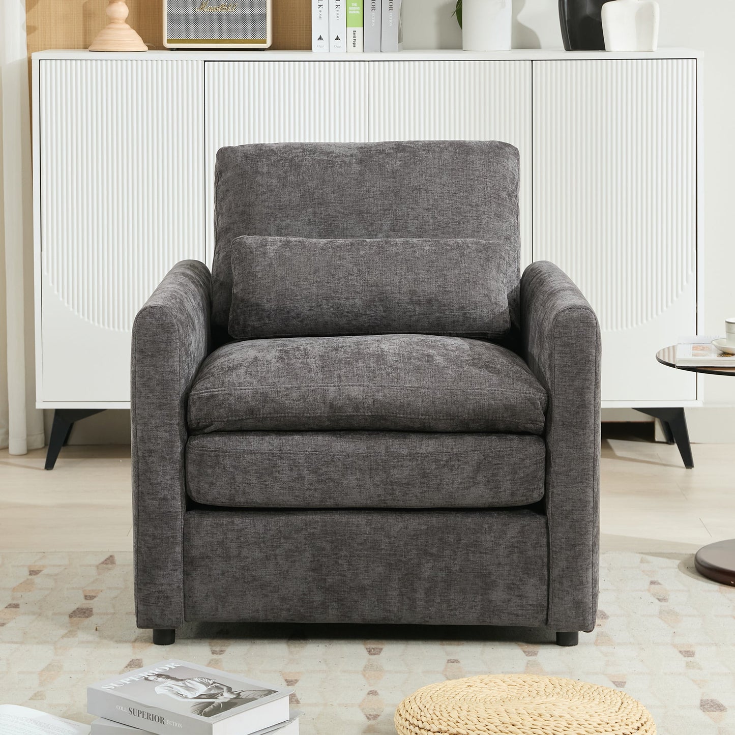 NEW Cozy Upholstered Armchair with Double Cushion in Grey Chenille, 31.9 Inches