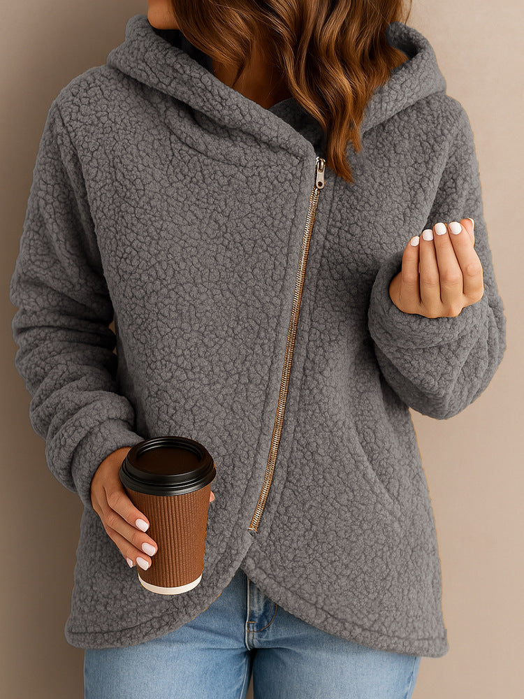 New Casual Loose Lambswool Long Sleeve Zipper Hoodie Coat