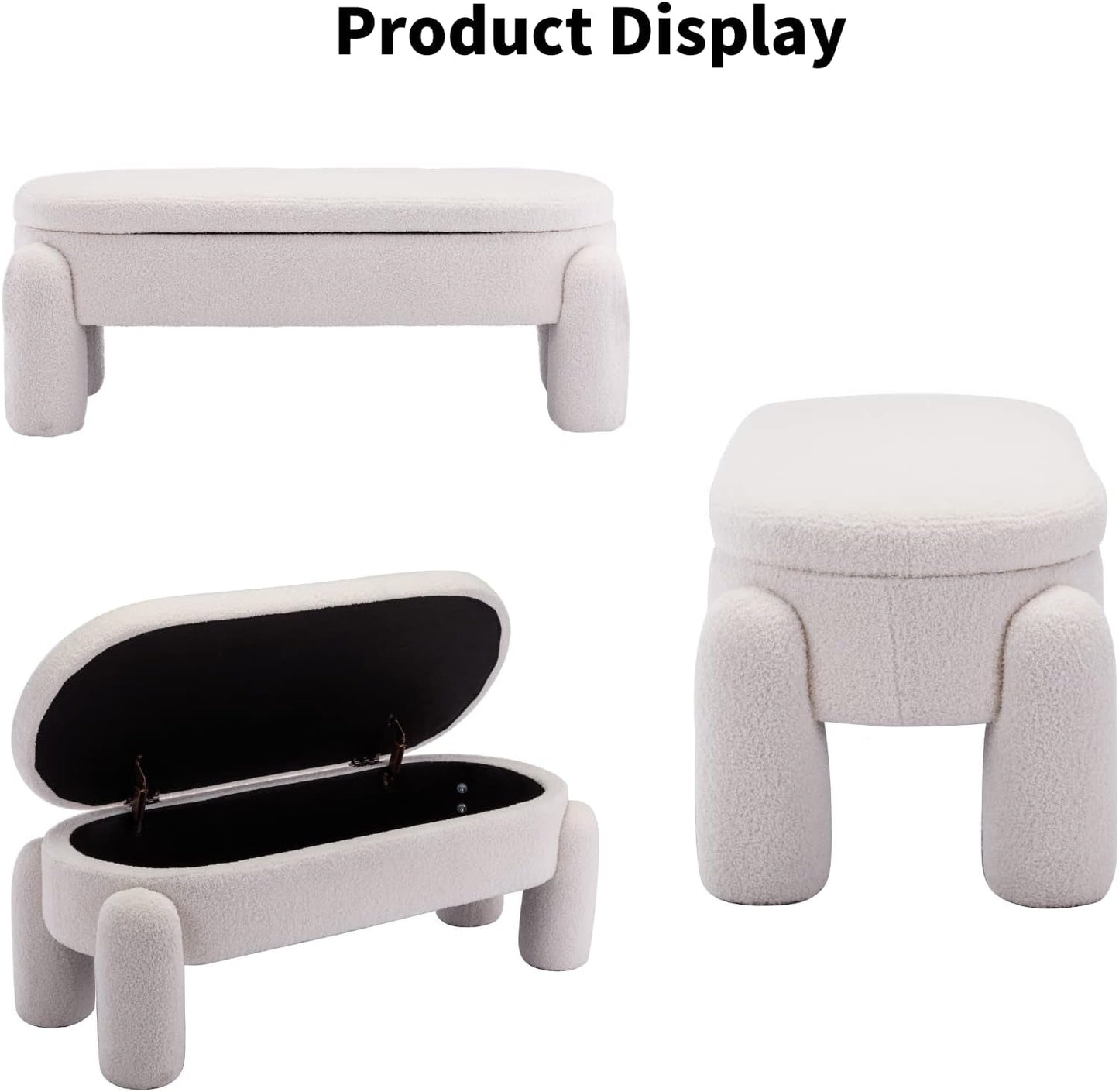 NEW 44.7-Inch White Boucle Upholstered Storage Ottoman Bench