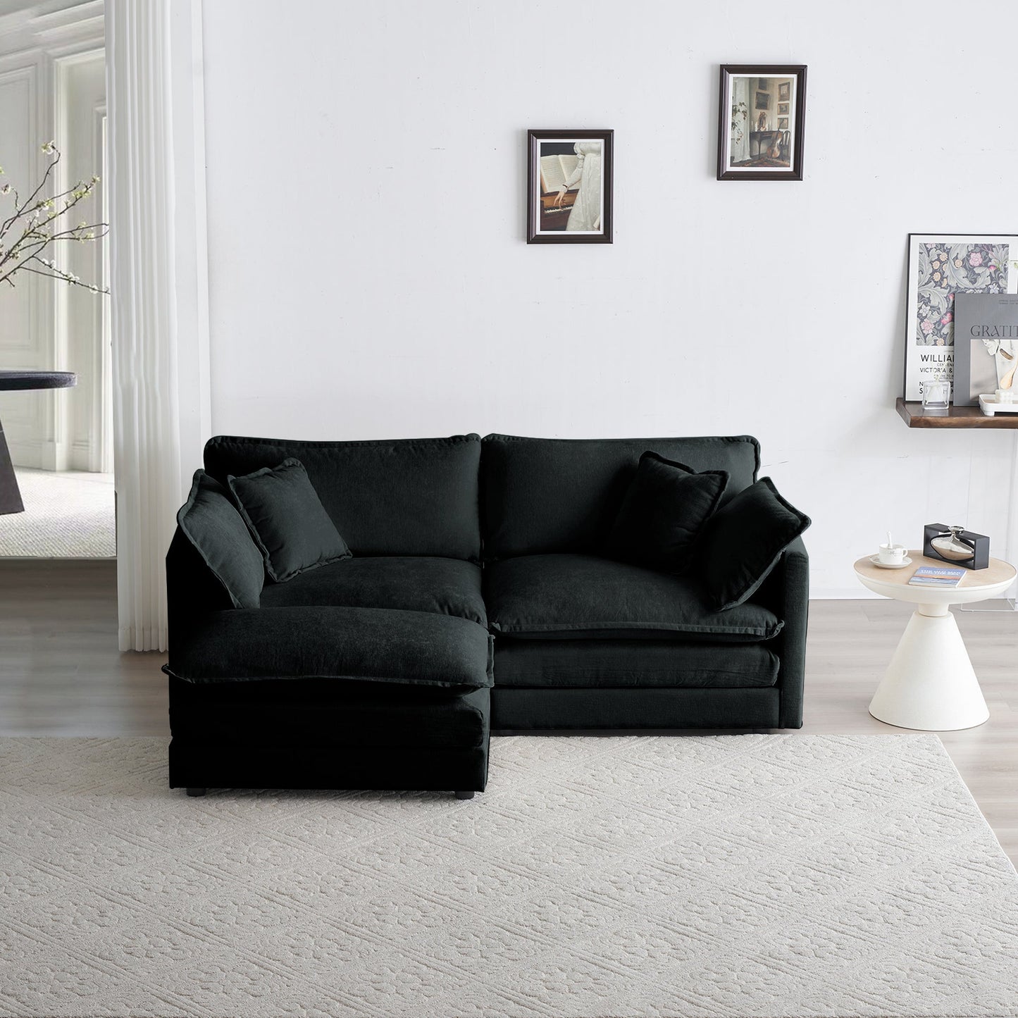 NEW Chenille Two-Seater Sofa with 1 Footrest, 2 Seater L-Shaped Sectional with Ottoman,Loveseat with Ottoman for Small Living Space, Black Chenille