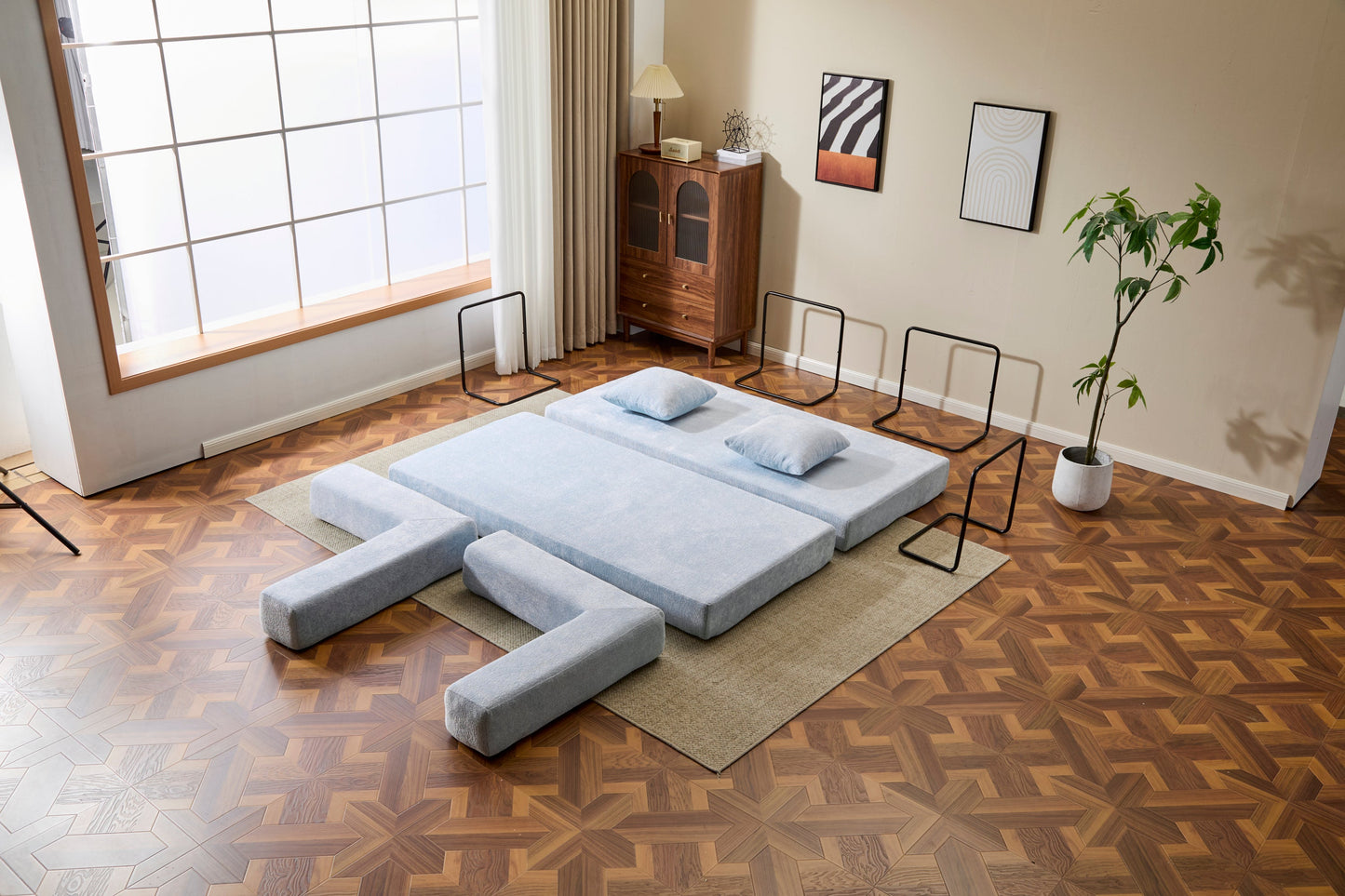 NEW Light Blue Chenille Fabric Floor Couch Compression Convertible Sofa Bed with Pillow Back Support Armrest Comfy Futon Couch Lounge Sleeper Bed