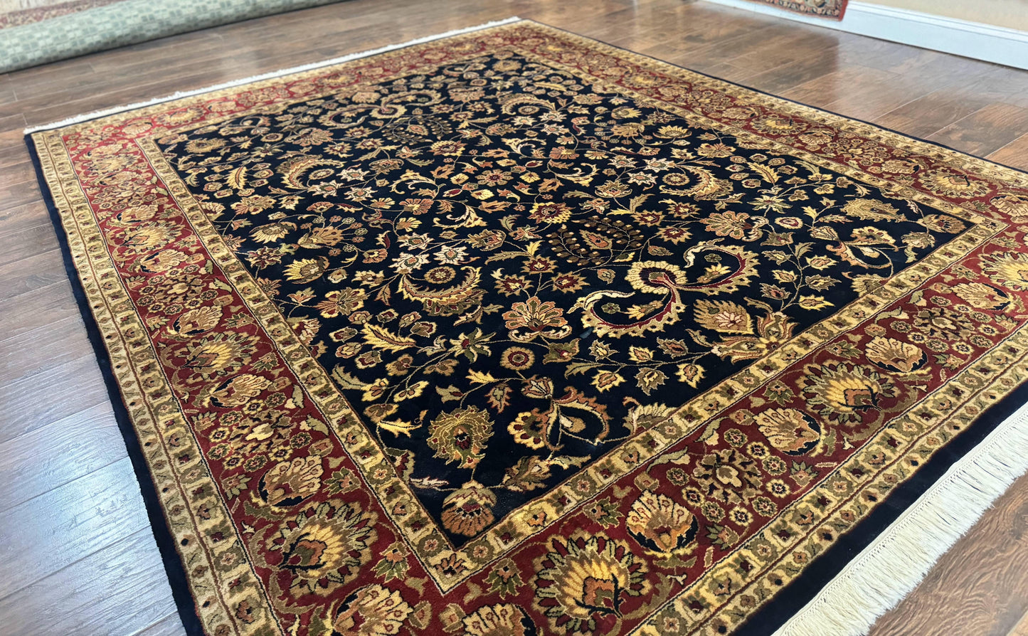 USED Indo Persian Rug 8x10, Navy Blue and Red, Floral Allover, Hand Knotted Vintage Wool Carpet, Indo Sarouk