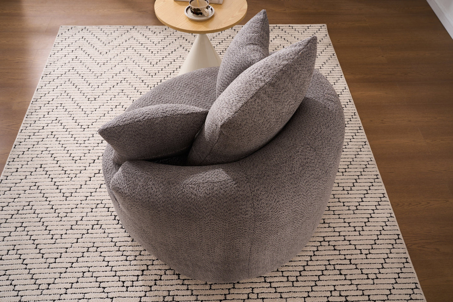 NEW 360° Swivel Round Grey Upholstered Accent Barrel Chair with 3 Removable Pillows