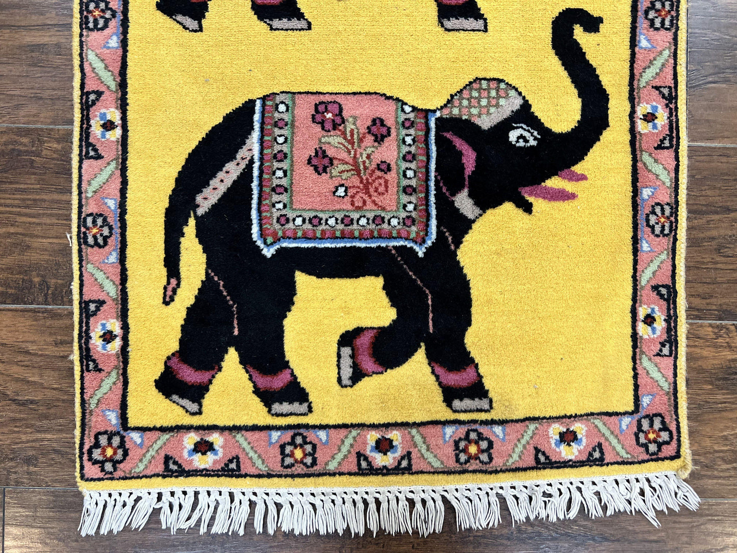 USED Unique Indian Pictorial Rug 2x3, Small Wool Hand Knotted Oriental Carpet, Yellow, Two Elephants, Handmade
