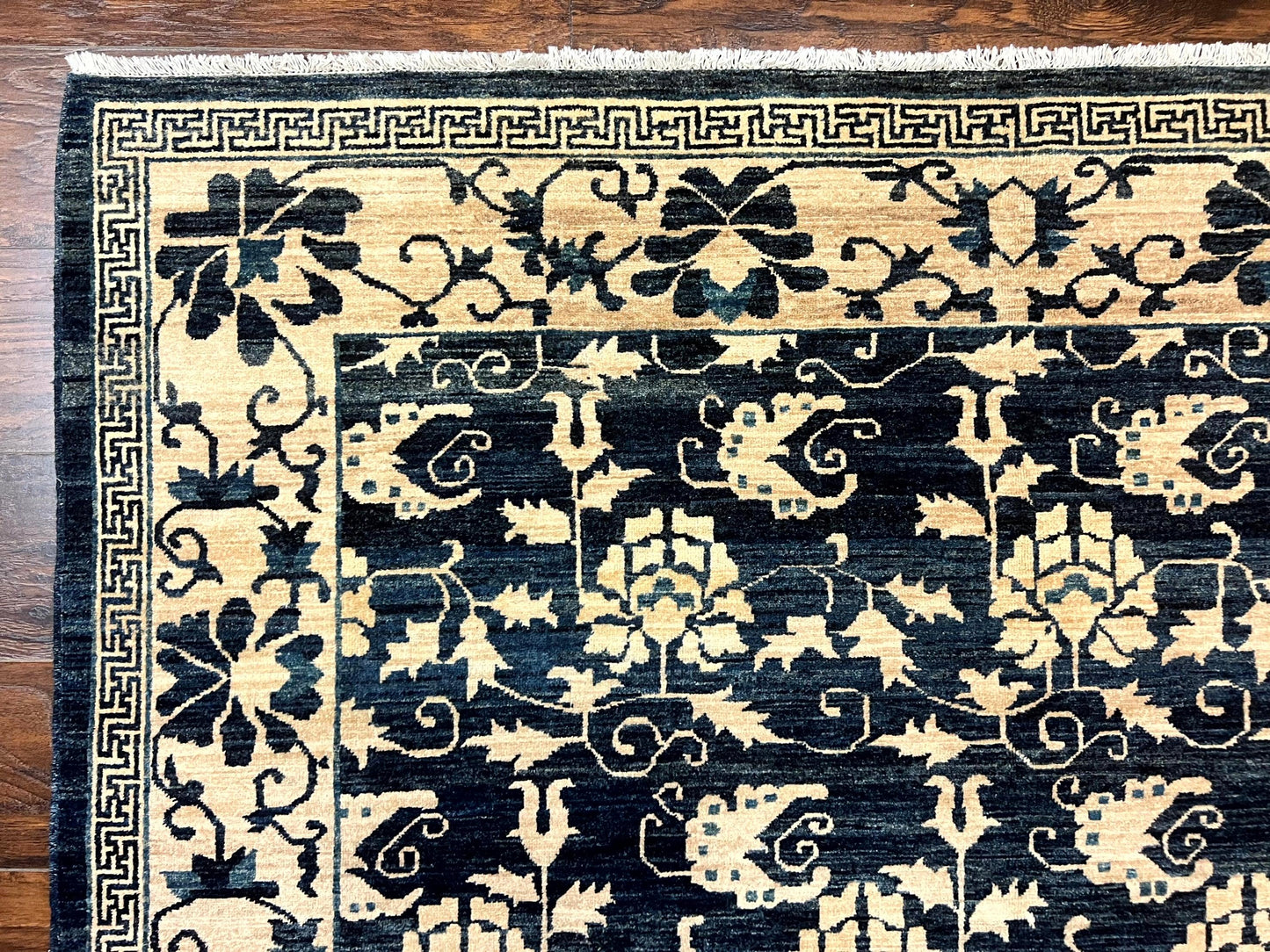 USED Sino Persian Rug 6x9, Hand Knotted Wool Carpet, Floral Allover, Blue Cream-Tan