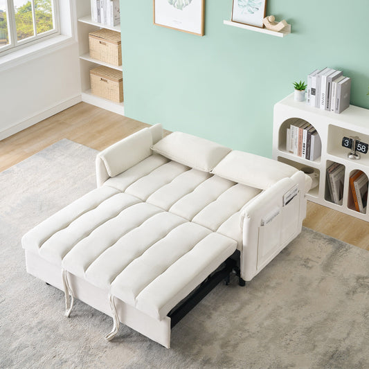 NEW 52 Beige Modern Velvet Sofa Pullout Bed Small Loveseat Casual Sofa with Pillow Pockets