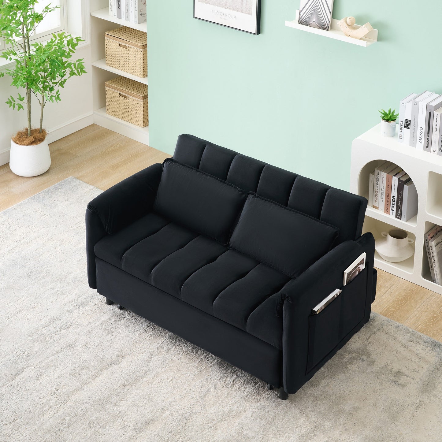 NEW 52' Black modern velvet pull-out bed, small love seat