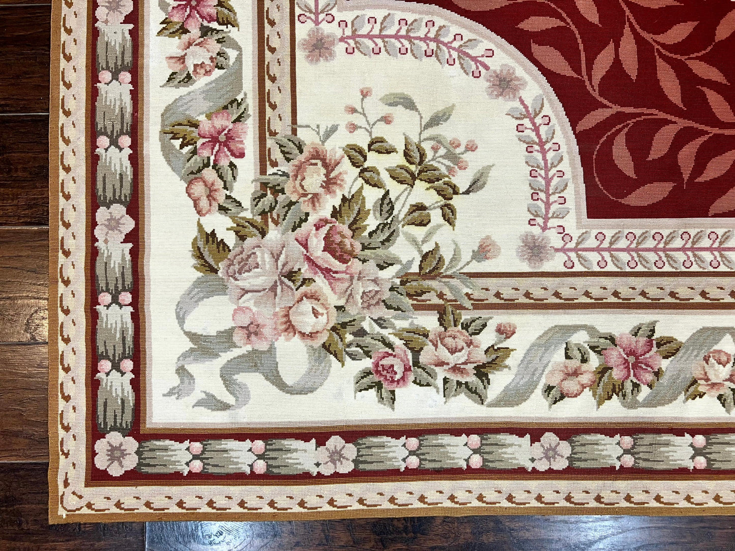 USED Wonderful Aubusson Rug 9x12, Handmade Vintage Needlepoint Carpet, Red and Ivory, Elegant European Design, Wool