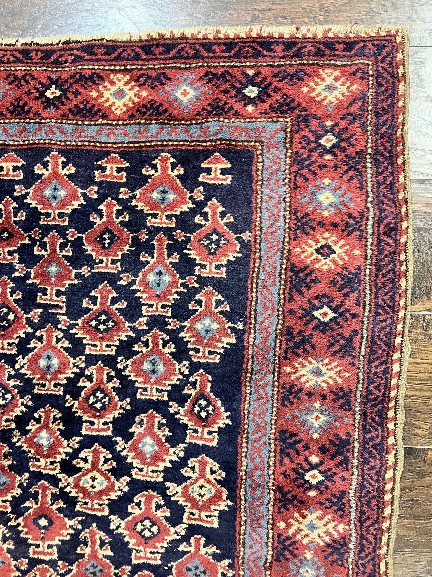 USED Turkish Sparta Rug 3x4, Allover Pattern, Navy Blue and Red, Antique Ispara Oriental Carpet 3 x 4, Small Turkish Handmade Vintage Wool Rug