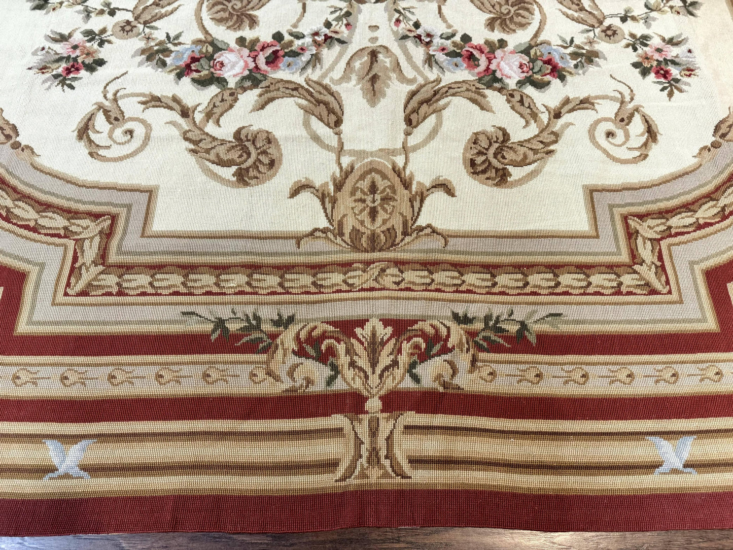 USED Aubusson Needlepoint Rug 9x11, Handmade Vintage Wool Flatweave Carpet, Elegant European Rug, Floral, Cream