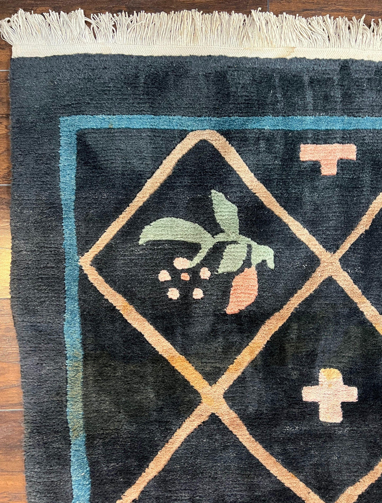 USED Tibetan Rug 9x12, Hand Knotted Tibet Nepali Contemporary Carpet 9 x 12 ft, Black and Tan, Handmade Area Rug Room Sized, Nepalese Rug