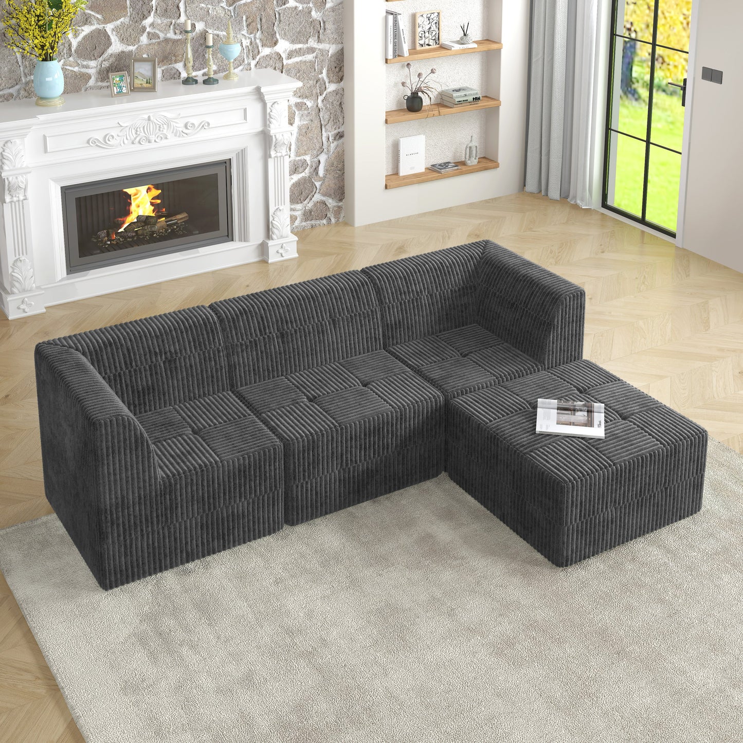 NEW Modern Minimalist L Shape Modular Sectional Sofa, Sleeper Corduroy Couch, Comfy Space-Efficient Design, Grey