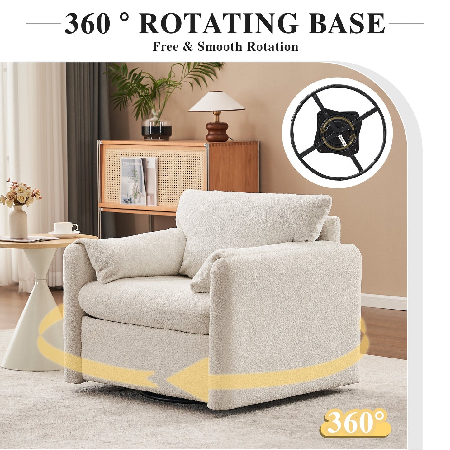 NEW Ivory White Swivel Ergonomic Reading Rotating Modern Single Seat Lounge Accent Chair with Chenille Fabric & High-Resilience Cushion