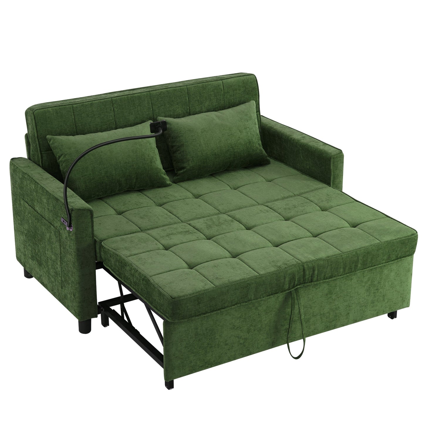 NEW 56.9' Convertible Loveseat Sofa Bed with Adjustable Backrest, USB Ports, Phone Holder, Side Pockets, Green Chenille,
