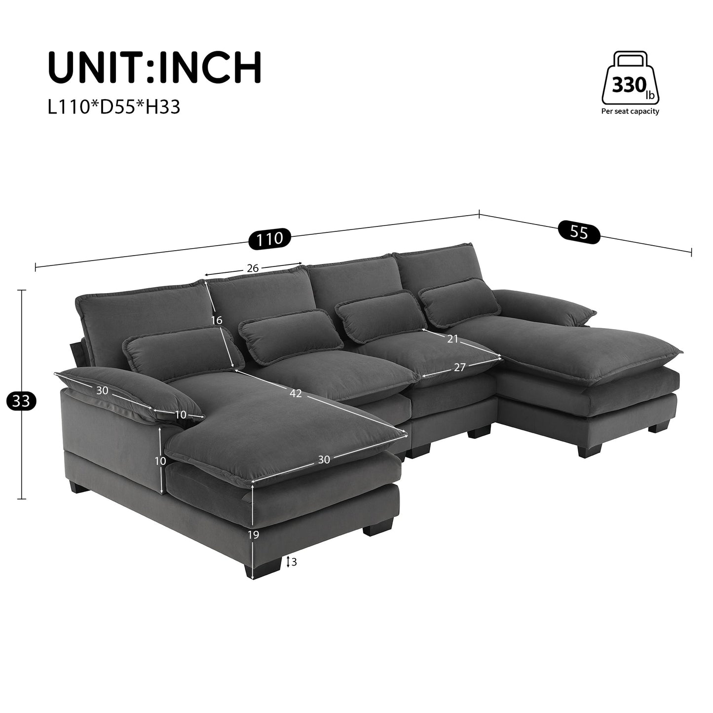 New Modern U-shaped 6-seat Upholstered Sleeper Sofa with Chaise Lounge