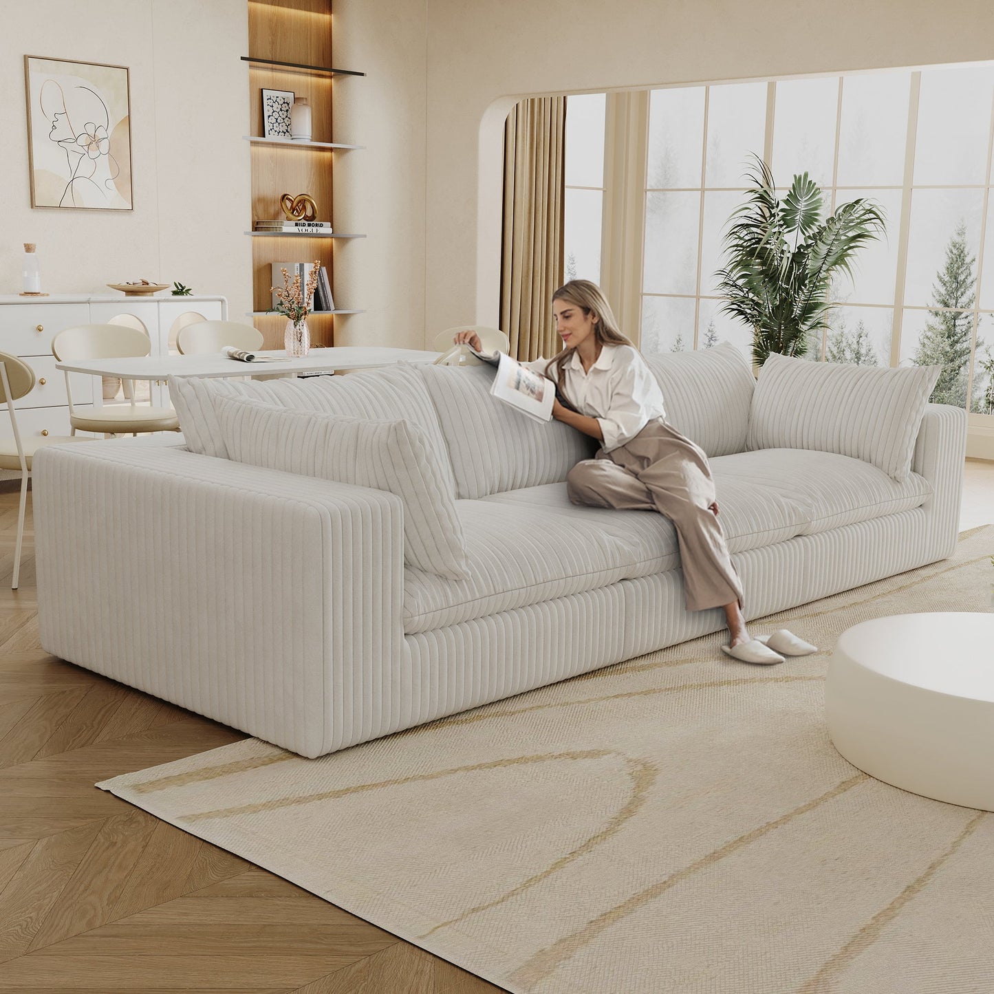 NEW 118.2' Cloud Corduroy Fabric Deep Seat Couch Deep Seat Removable Cushion Sofa