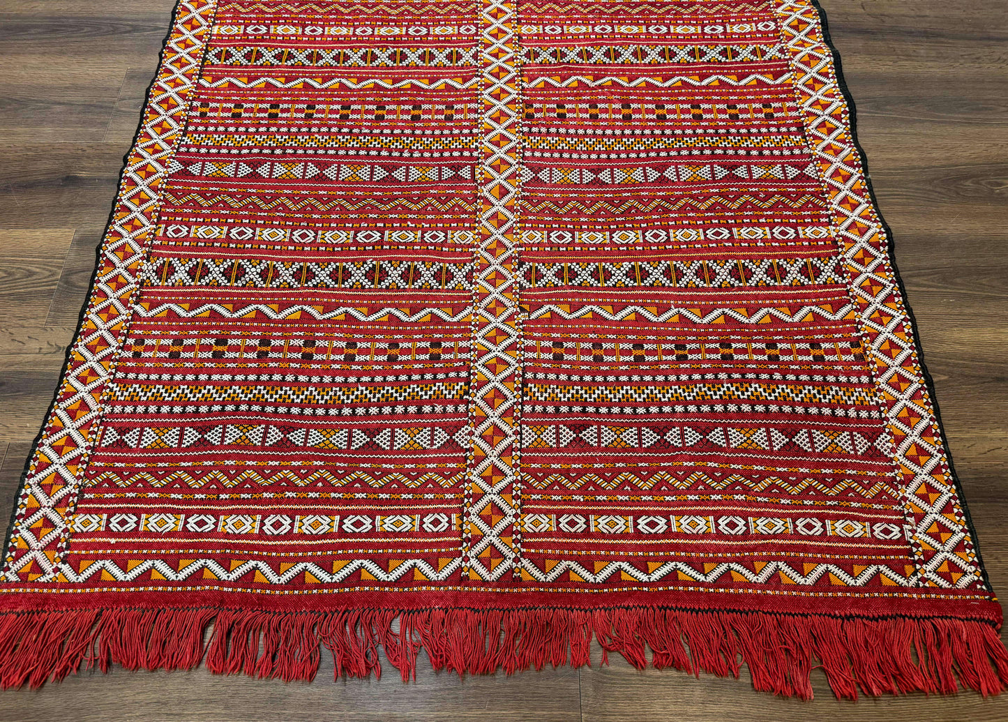 USED Moroccan Kilim Rug 4x8, Flatweave, Bohemian, Red Ivory Orange