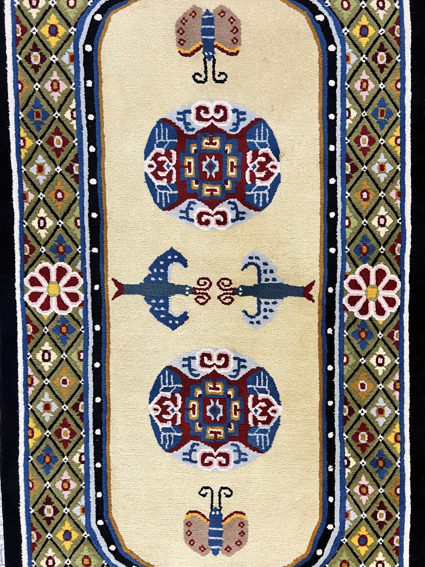 USED Chinese Rug 3x6 ft, Chinese Wool Rug, Tiensin Rug, Handmade Wool 3 x 6 Vintage Peking Rug, Art Deco Rug, Butterflies