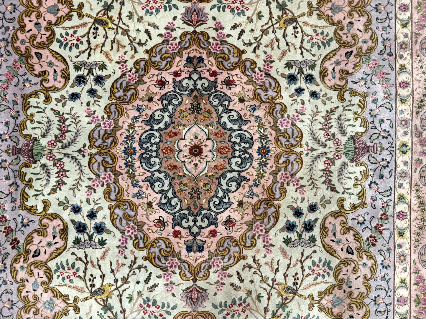 USED Wonderful Persian Tabriz Rug 7x10, Very Fine 330 KPSI, Light Green Light Blue Pink, Kork Wool Silk Foundation, Bird Pictorials