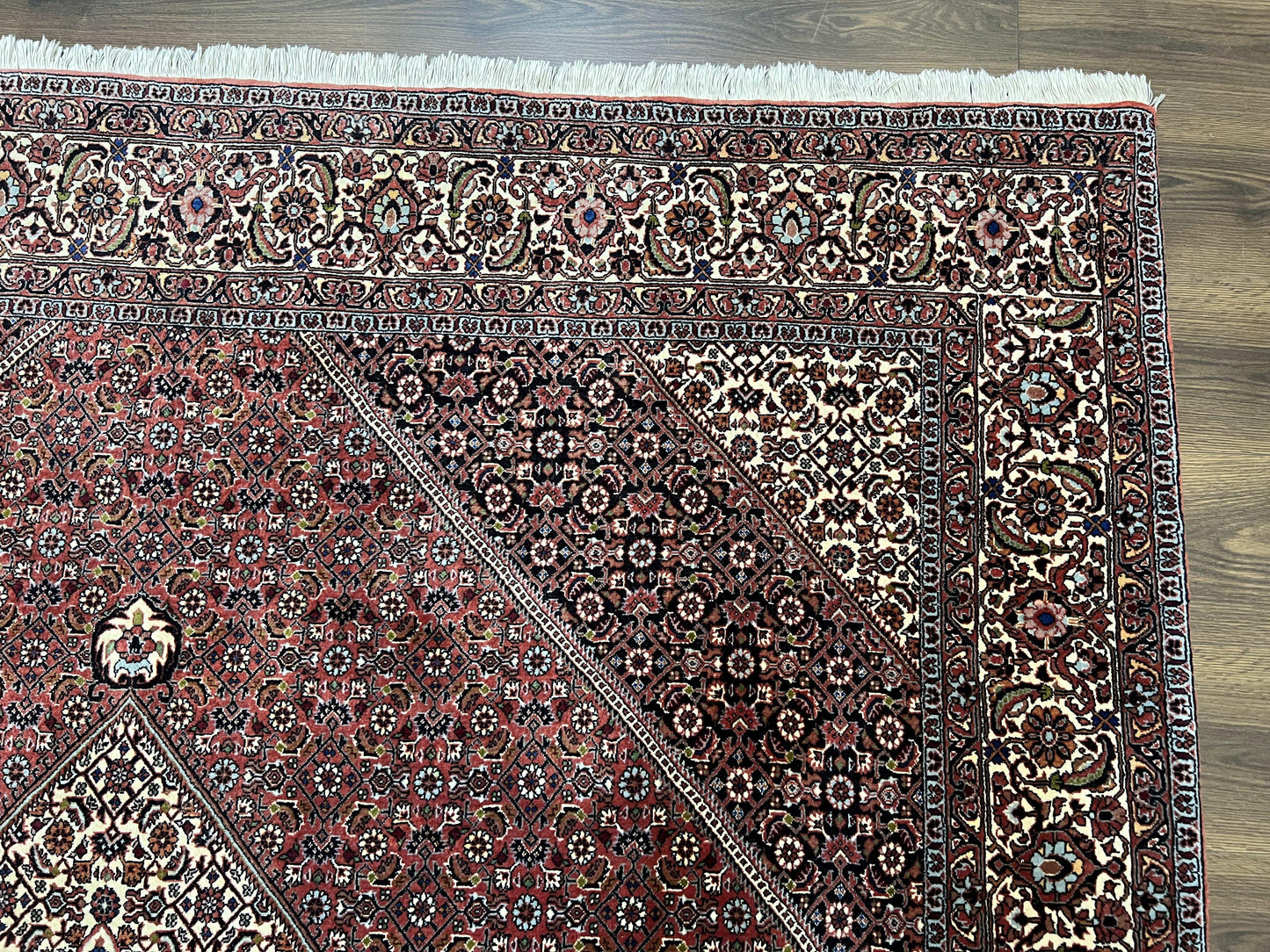 USED Wonderful Persian Bidjar Rug 7x8 ft, Almost Square Oriental Carpet, Herati Mahi, Highly Detailed, Ivory Red Navy Blue, Very Fine Handmade Bijar Rug