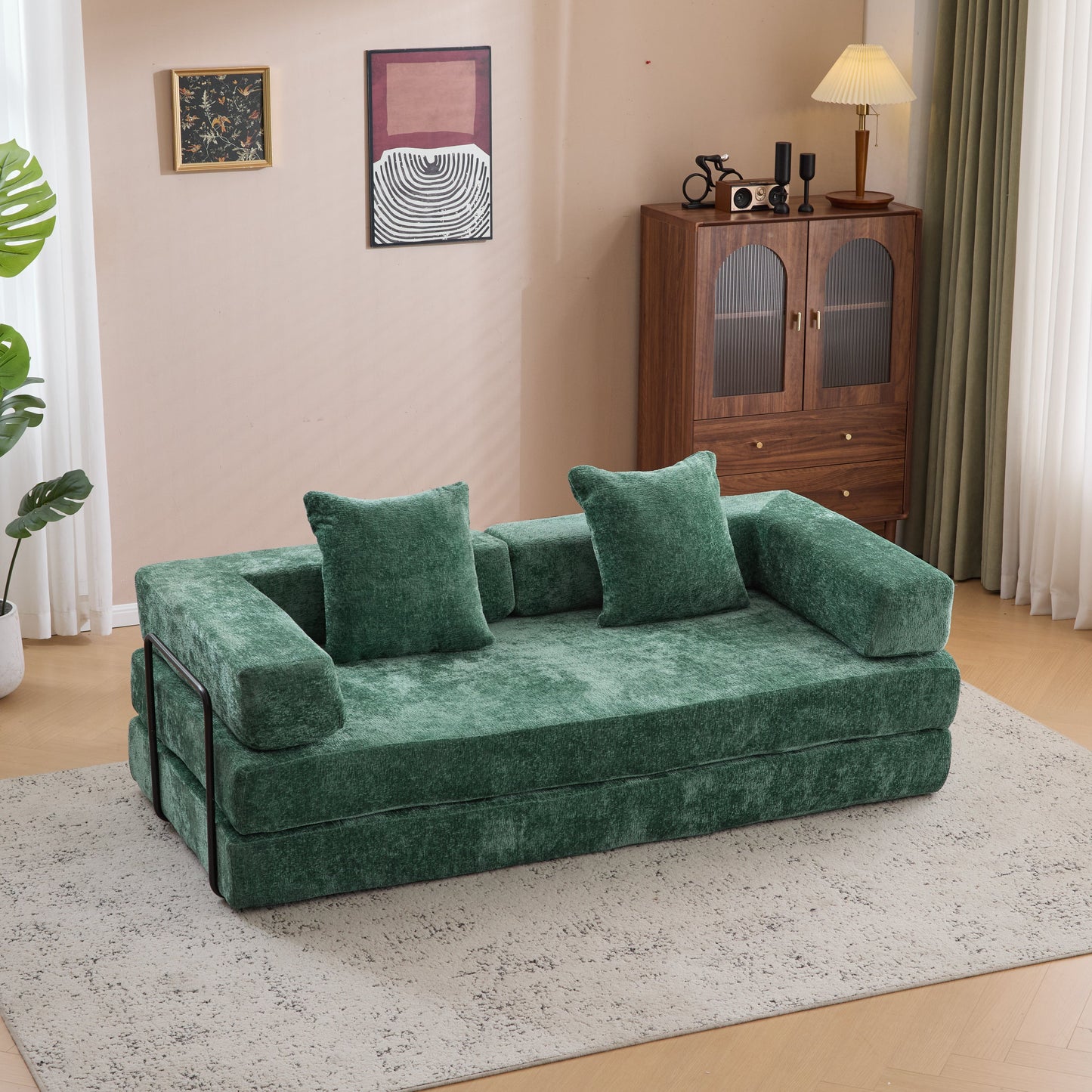 NEW Dark Green Chenille Fabric Floor Compression Convertible Sofa Bed