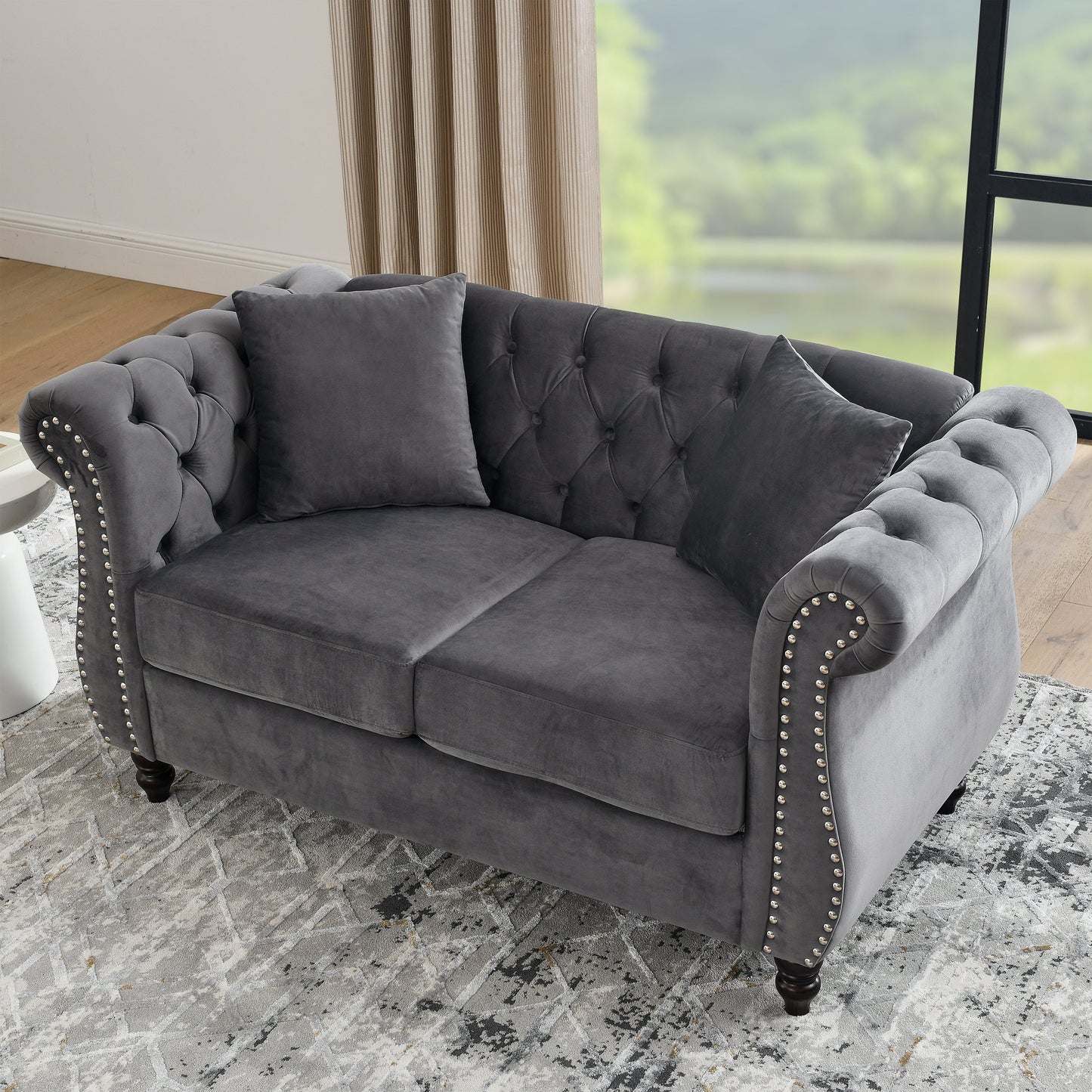 NEW 58.8' Chesterfield Sofa Grey Velvet for Living Room, 2 Seater Sofa Tufted Couch with Rolled Arms and Nailhead for Living Room, Bedroom, Office, Apartment, two pillowsW834S00069