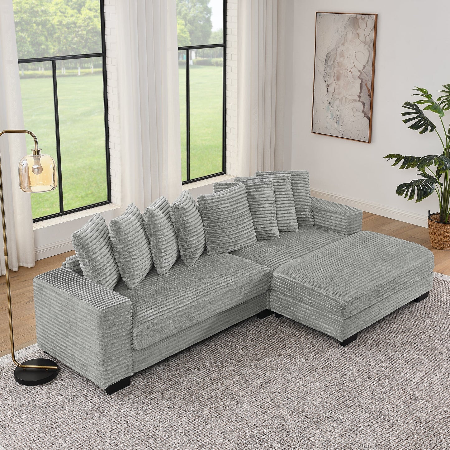 NEW Gray Corduroy Tufted Upholstered Sleeper Sectional L-Shaped Modular Convertible Sofa