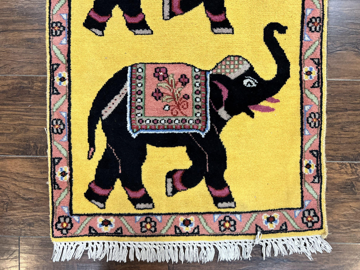 USED Unique Indian Pictorial Rug 2x3, Small Wool Hand Knotted Oriental Carpet, Yellow, Two Elephants, Handmade
