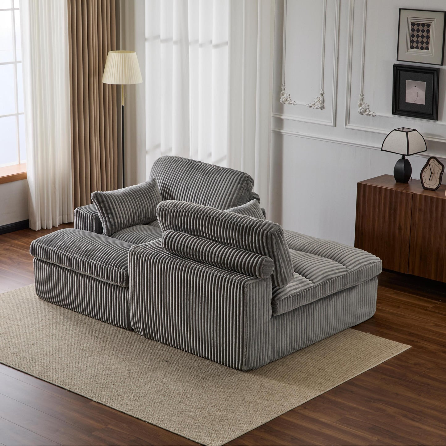 NEW Indoor Grey Corduroy Oversized Upholstered Double Chaise Lounge Chair Oversized Upholstered Sleeper Cloud Couch Deep Seat Luxury Sectional Sofa Bed Chaise Lounge