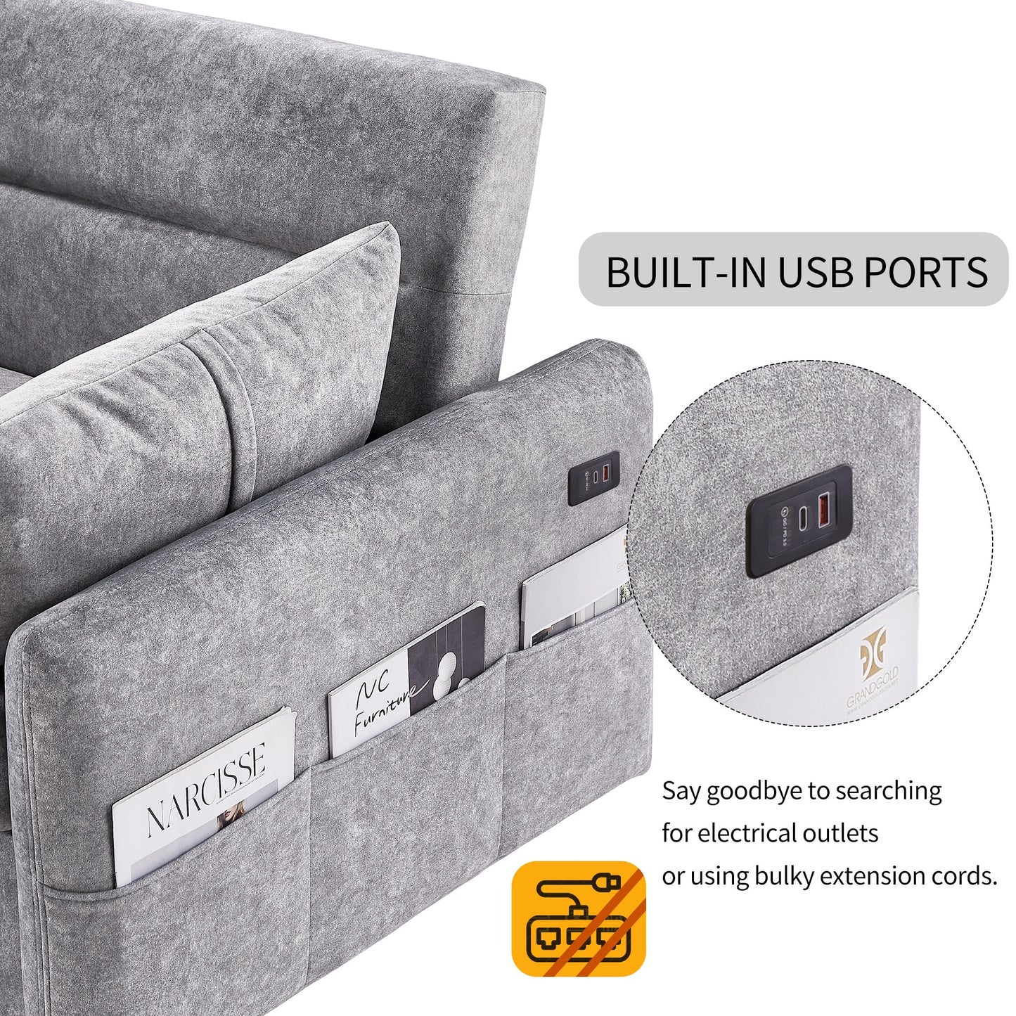 NEW Contemporary Grey Pull Out Sleep Sofa Bed Loveseat with Adjustable Backrest Storage Pockets USB Ports and 2 Soft Pillows