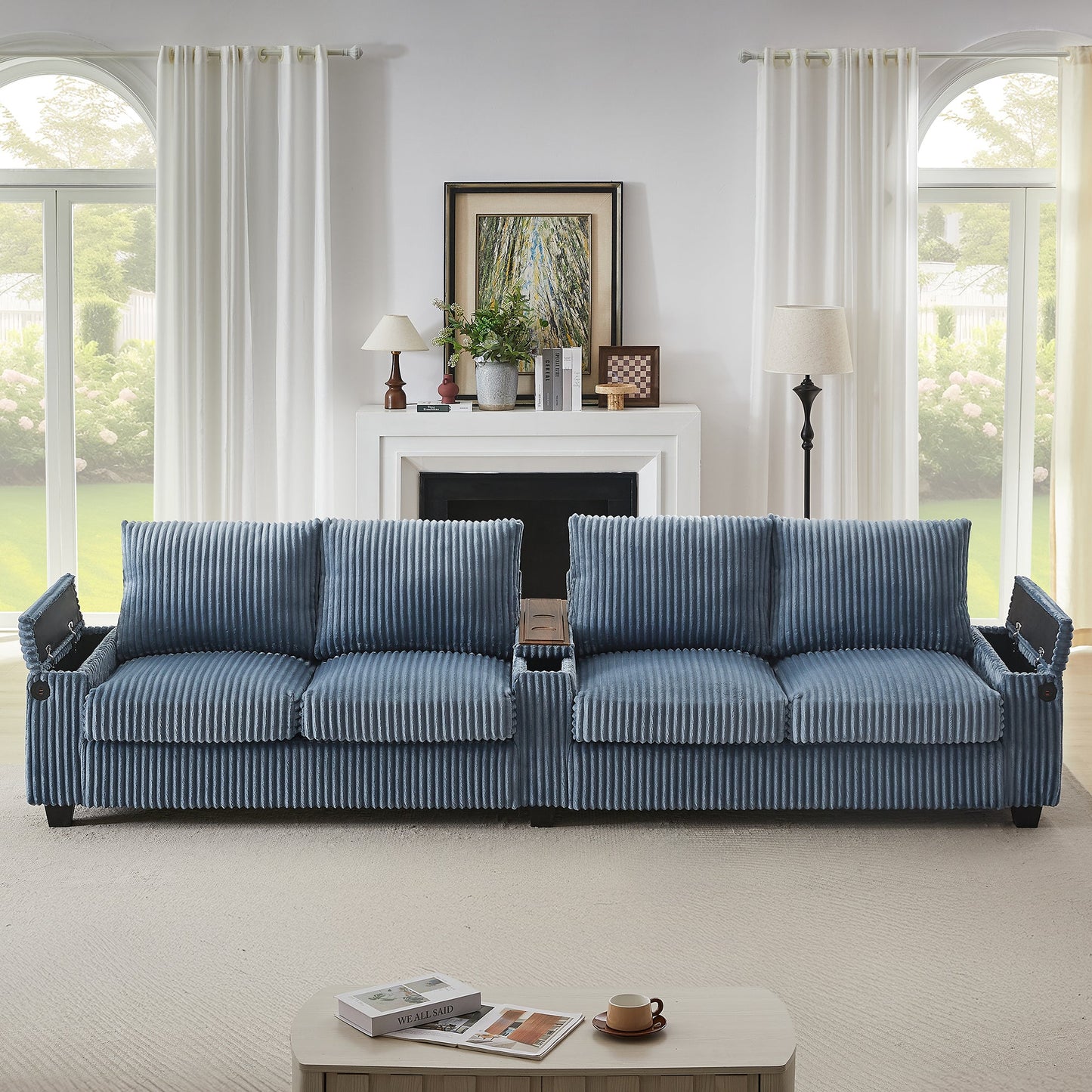 NEW Modern 4-Seater Corduroy Sofa Couch with USB Ports, Hidden Storage, Flip-Top Cup Holders, Blue, 133'