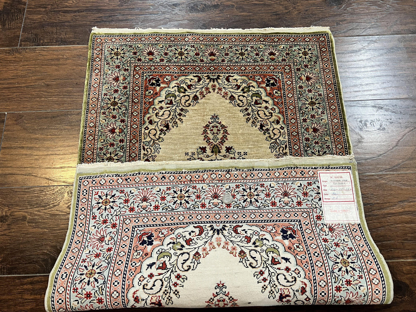 USED Silk Turkish Kayseri Rug 2x3, Very Finely Hand Knotted, Semi Open Field, Vintage, Silk Pile on Silk Foundation, 300 KPSI