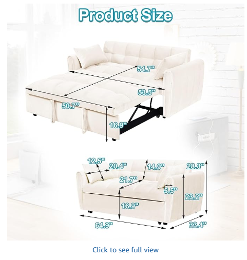 NEW 65'3-in-1 foldable large size sofa bed, modern velvet double sofa, sofa bed with adjustable back, storage bag and pillow, suitable for living room, bedroom (beige)