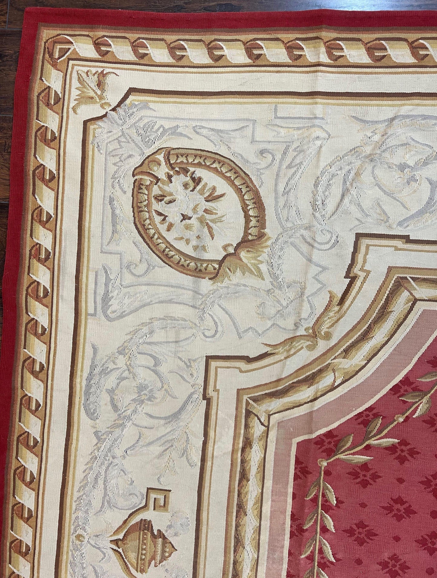 USED Aubusson Rug 9x12 ft, Red and Ivory Elegant Aubusson Carpet, Flatweave, Vintage Wool Handmade Area Rug 9 x 12, French European Design