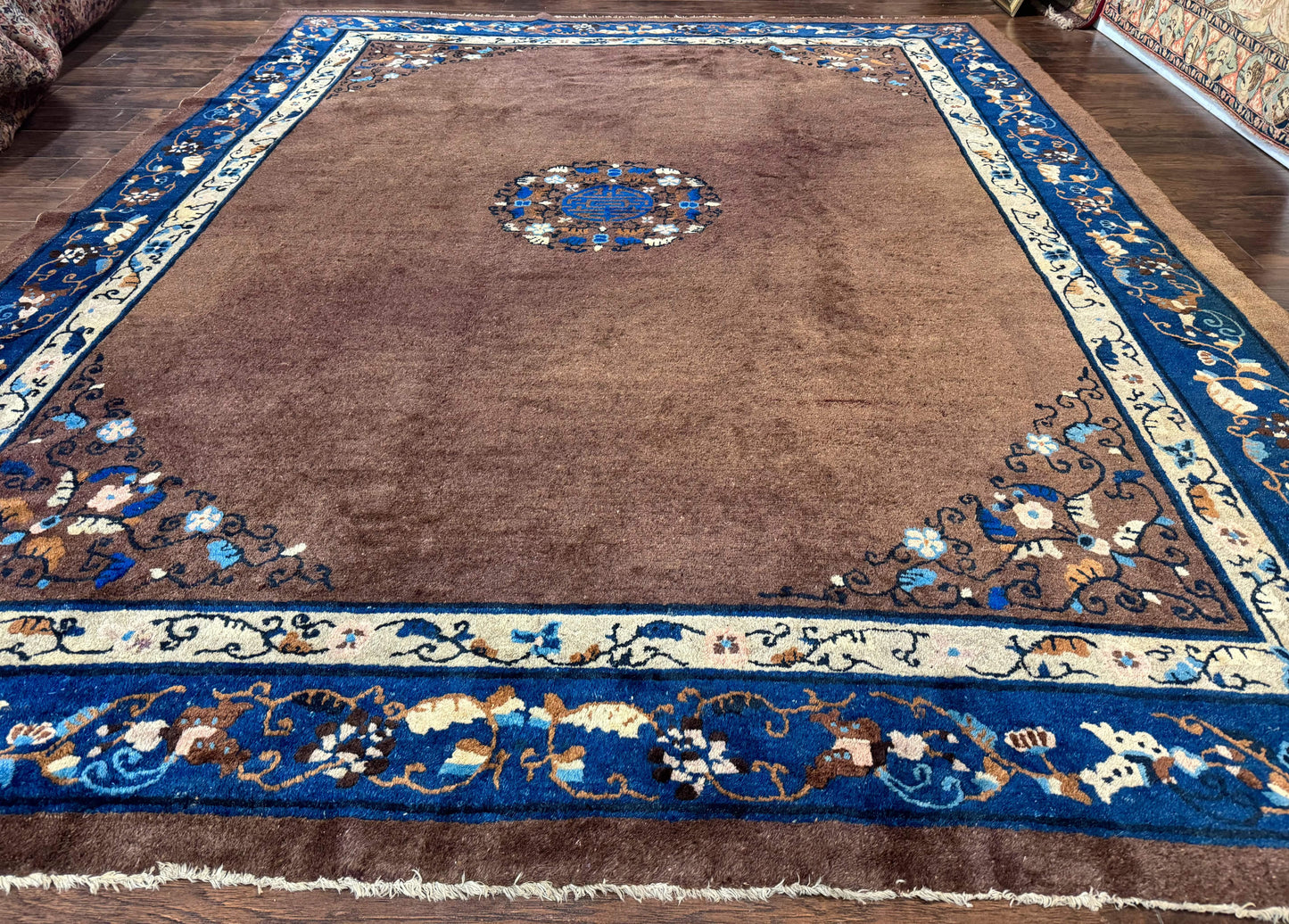 USED Antique Chinese Wool Rug 9x11, Large Chinese Art Deco Rug, Peking Rug, Brown and Blue, Open Field, Fete Rug