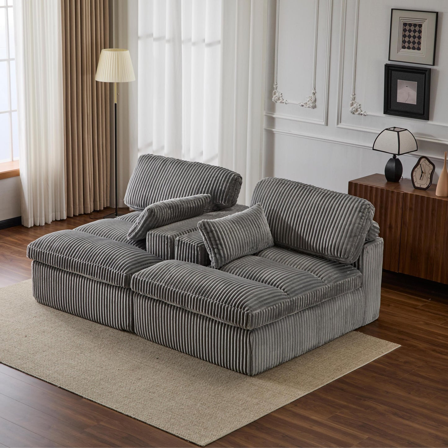 NEW Indoor Grey Corduroy Oversized Upholstered Double Chaise Lounge Chair Oversized Upholstered Sleeper Cloud Couch Deep Seat Luxury Sectional Sofa Bed Chaise Lounge
