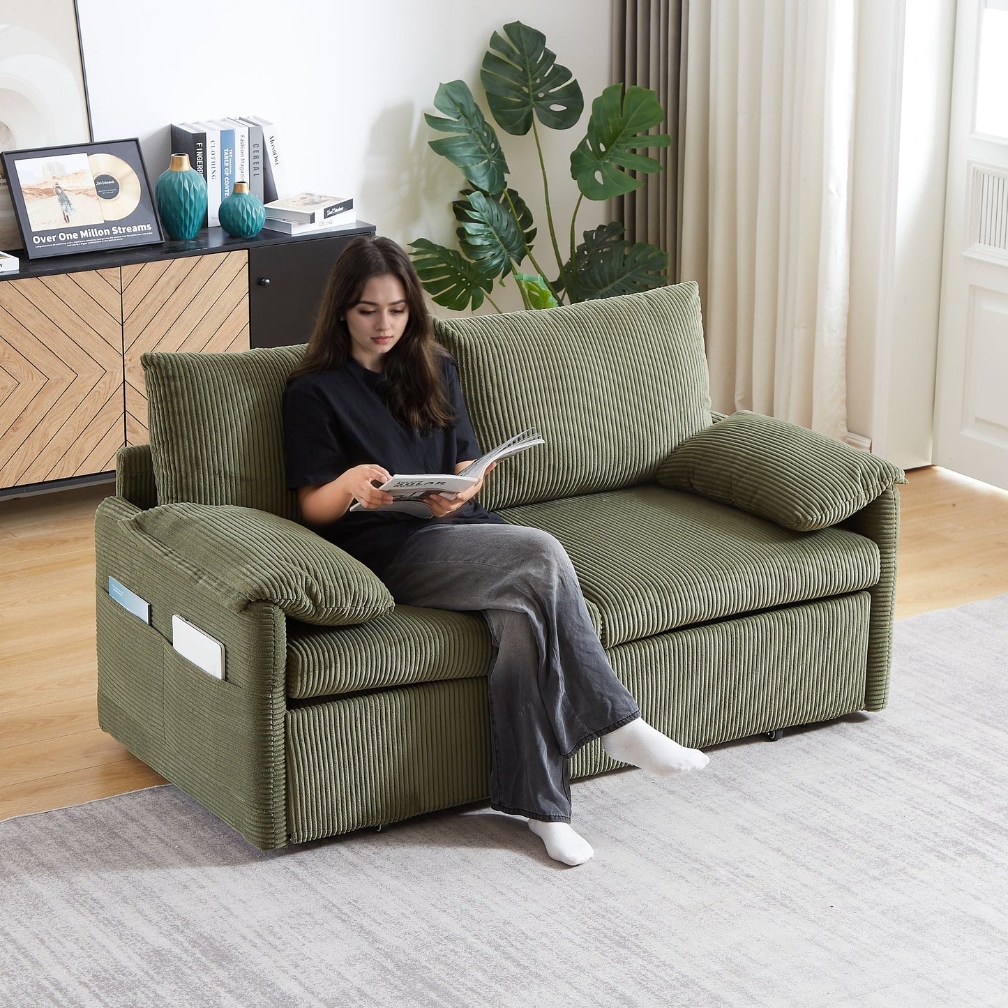 NEW MH'' 64.5 Inch 3-in-1 Adjustable Soft Corduroy Convertible Sleeper Sofa Bed